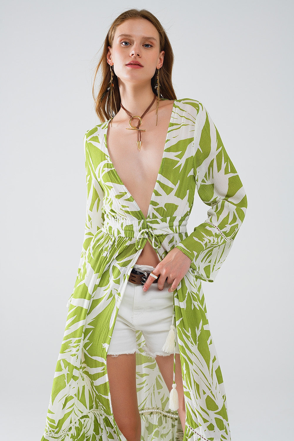 Maxi kimono vert avec imprimé palmier tropical