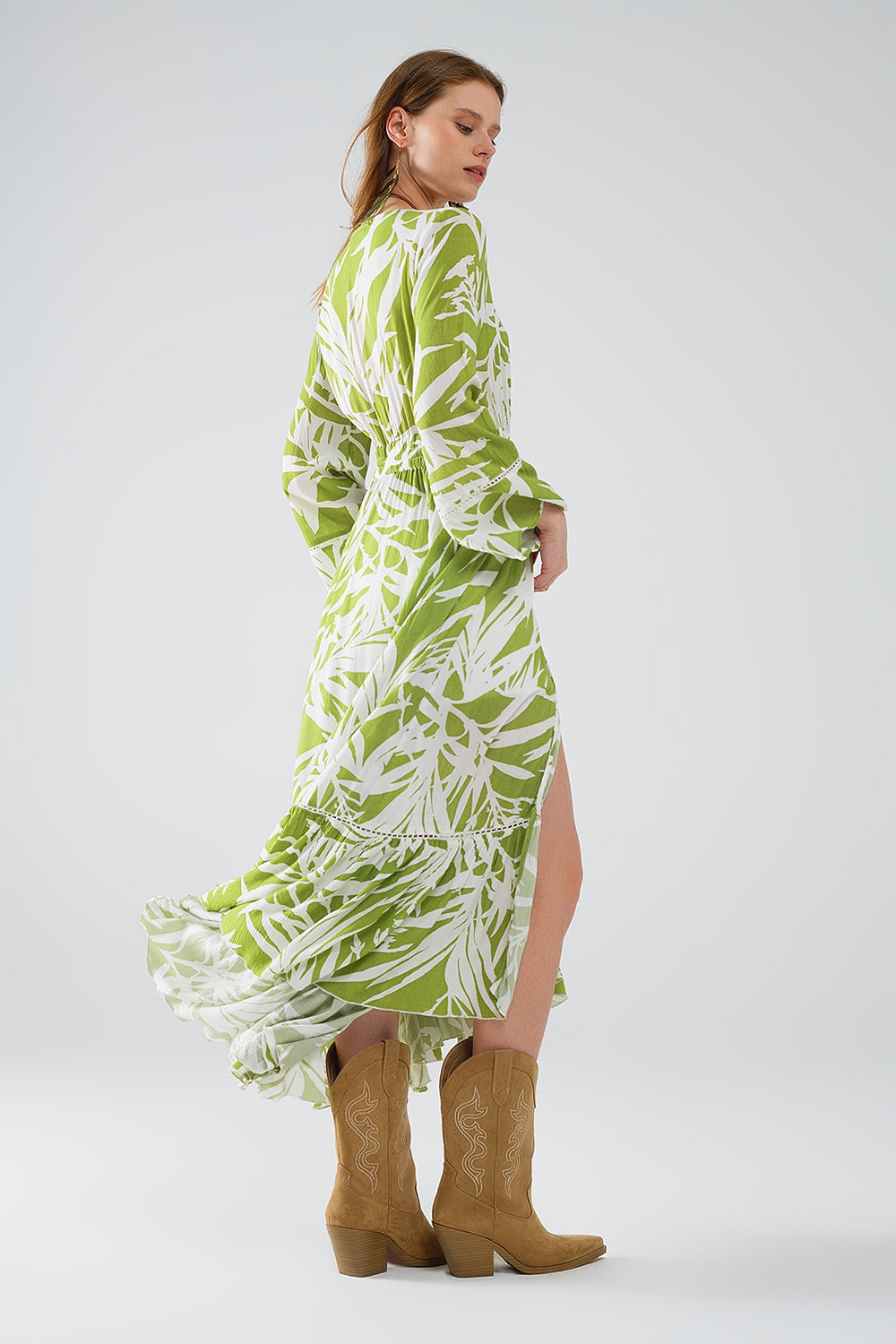 Maxi kimono vert avec imprimé palmier tropical
