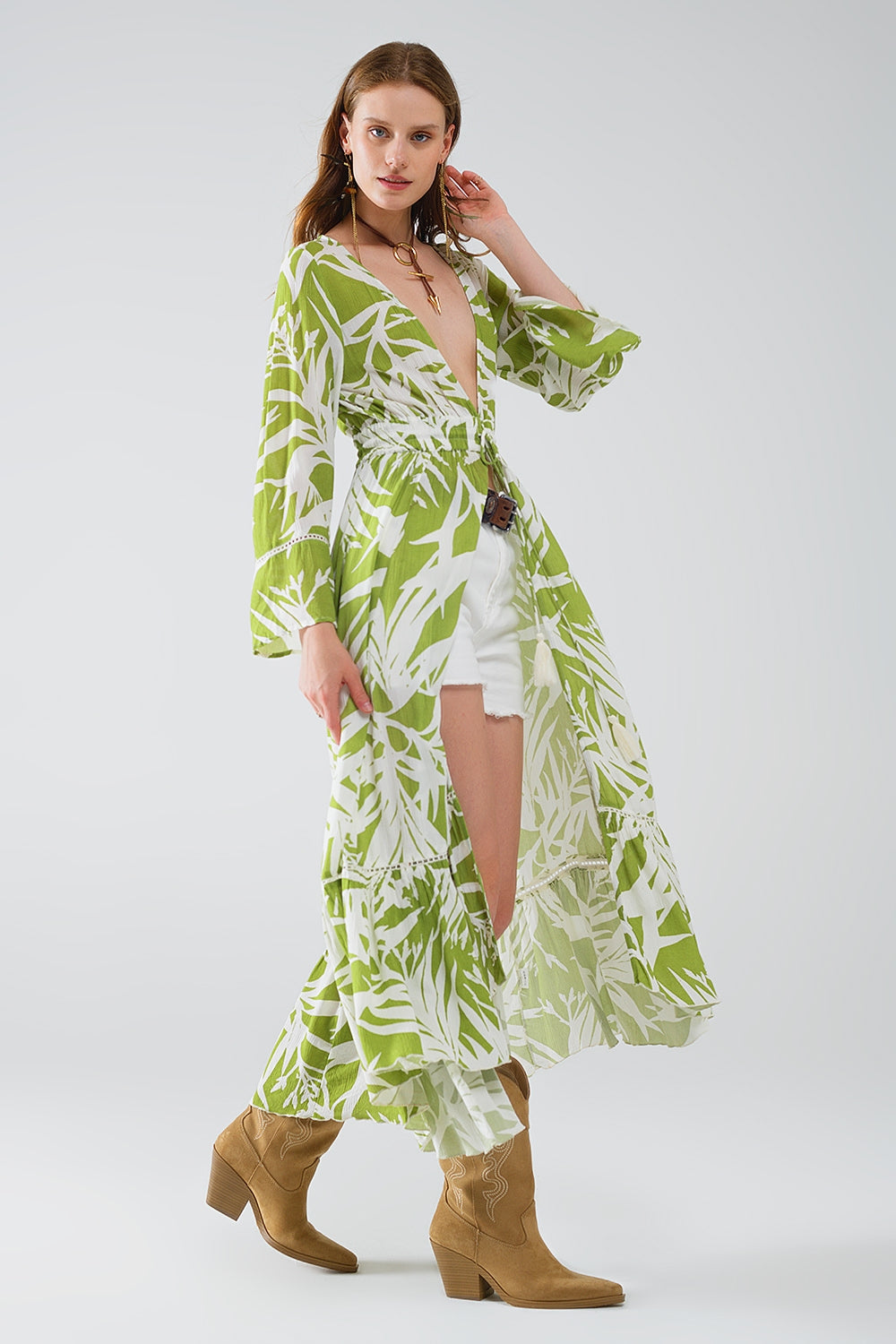 Maxi kimono vert avec imprimé palmier tropical