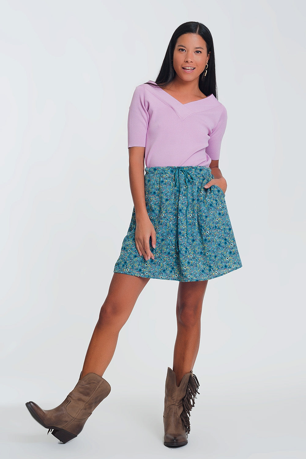 Mini-jupe à petites fleurs - Vert