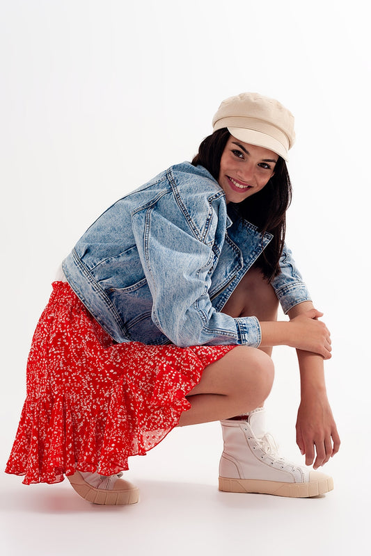 Q2 Mini-jupe fluide à imprimé floral rouge