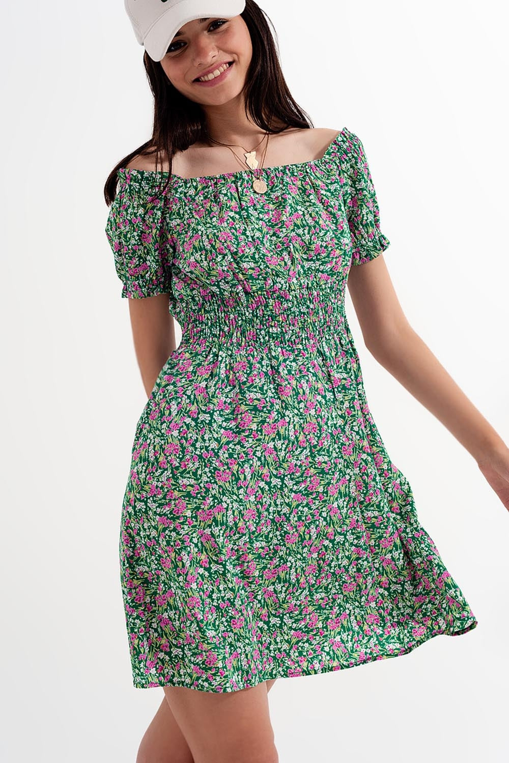 Mini robe avec détail froncé en imprimé floral vert