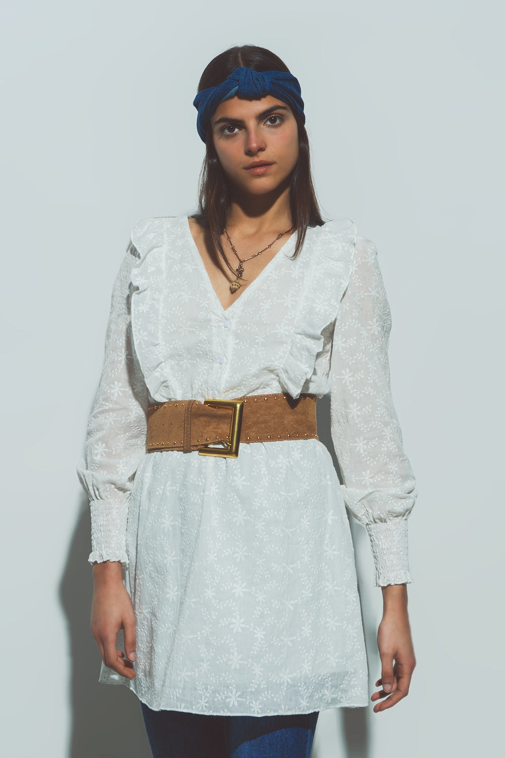 Mini Robe Texturée à Fleurs en Blanc