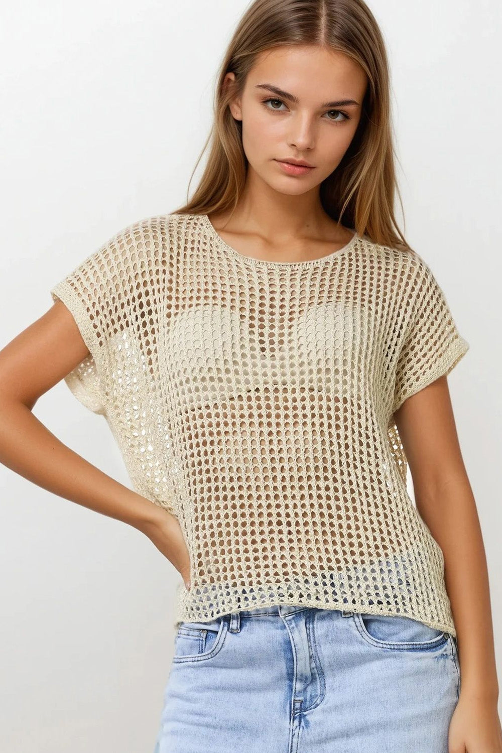 Q2 Open Knit Crochet dropped Sleeved Top in Beige