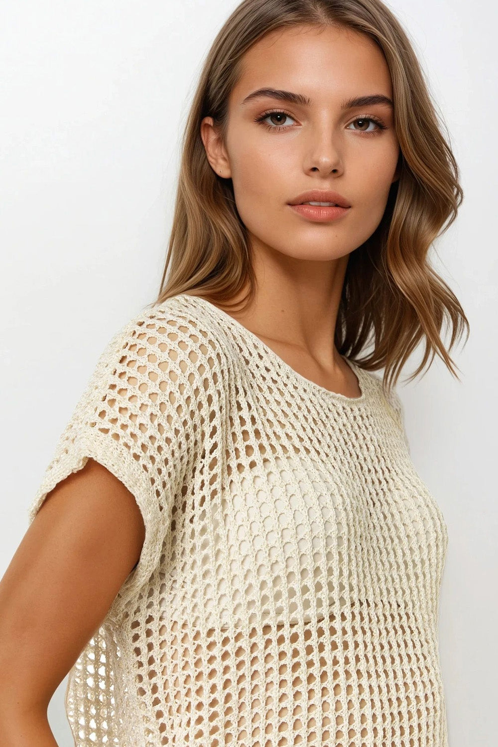 Open Knit Crochet dropped Sleeved Top in Beige