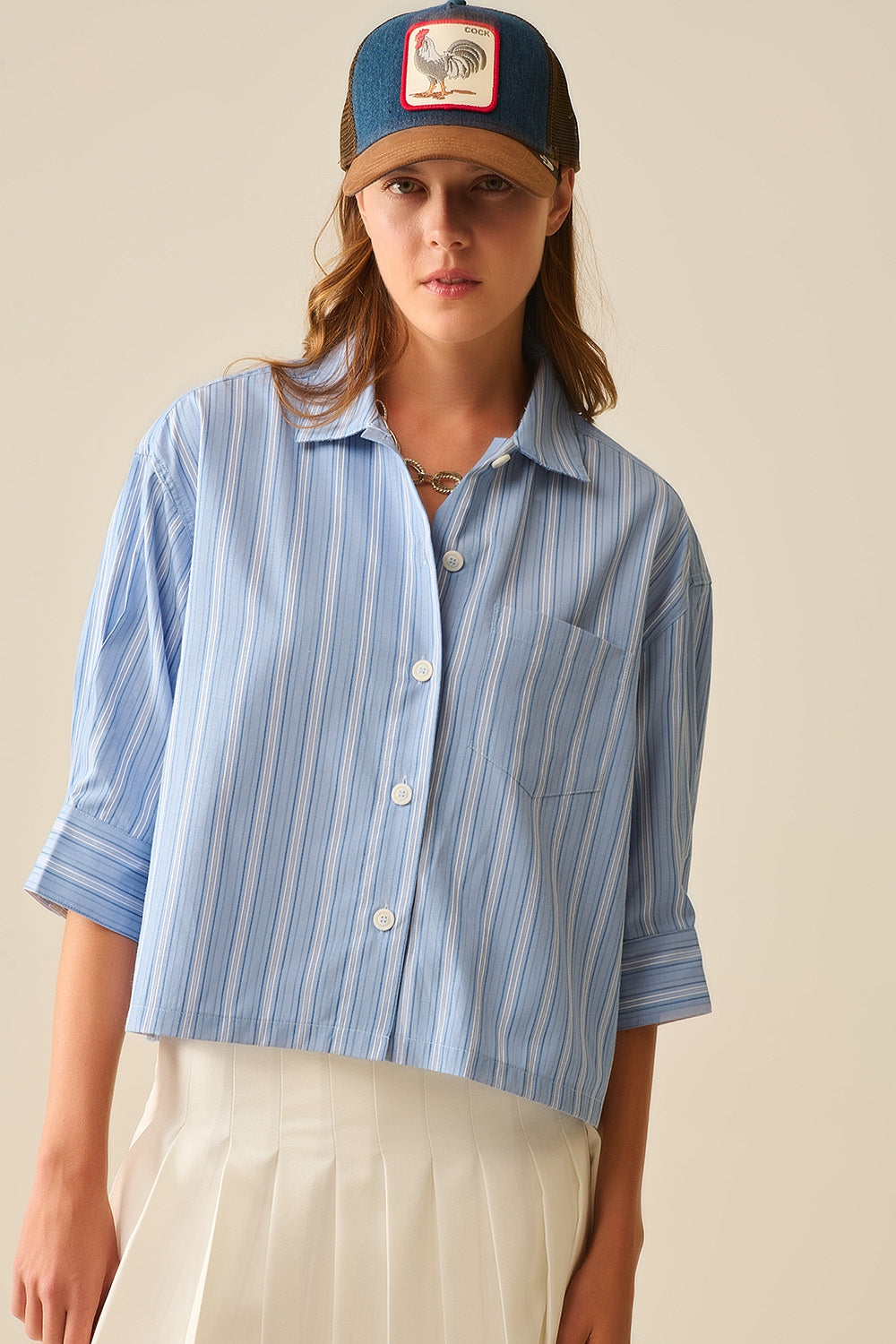 oversized Cropped Striped Shirt in Blue