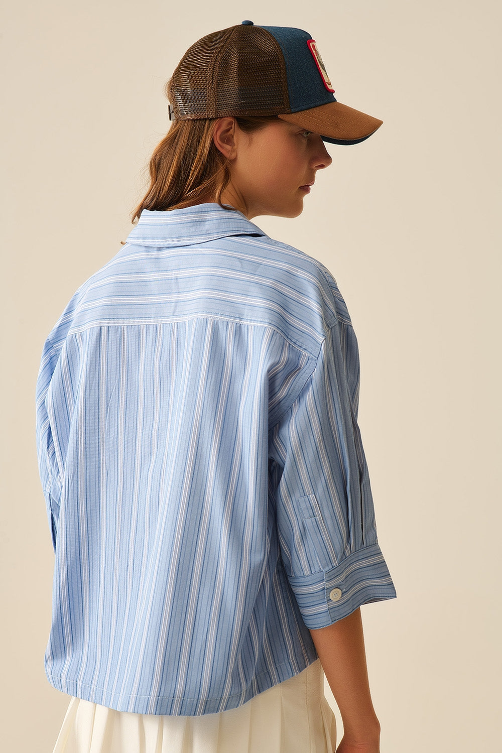 oversized Cropped Striped Shirt in Blue