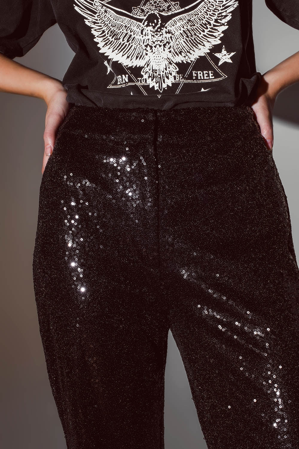 Pantalon à jambes droites à paillettes en noir