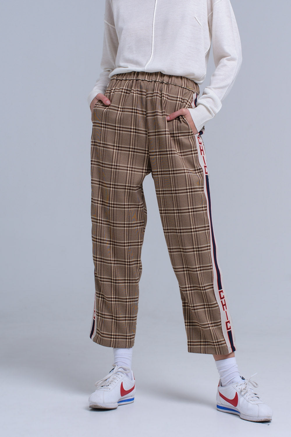 Pantalon à motif tartan marron