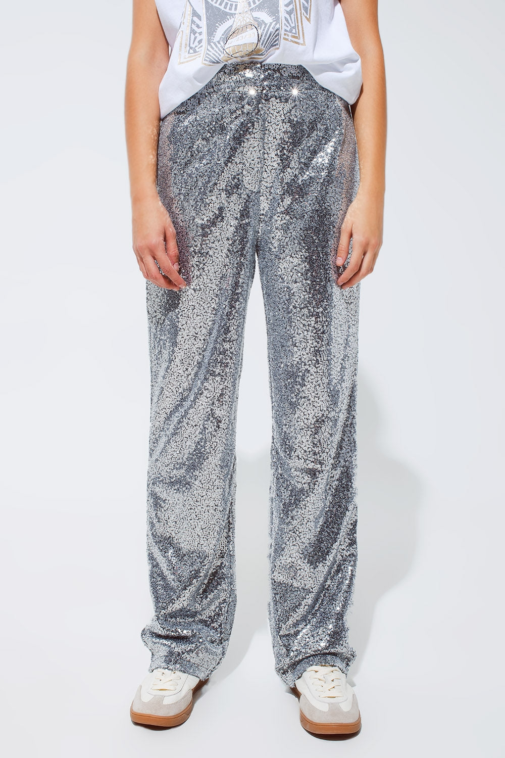 Q2 Pantalon à paillettes argentées