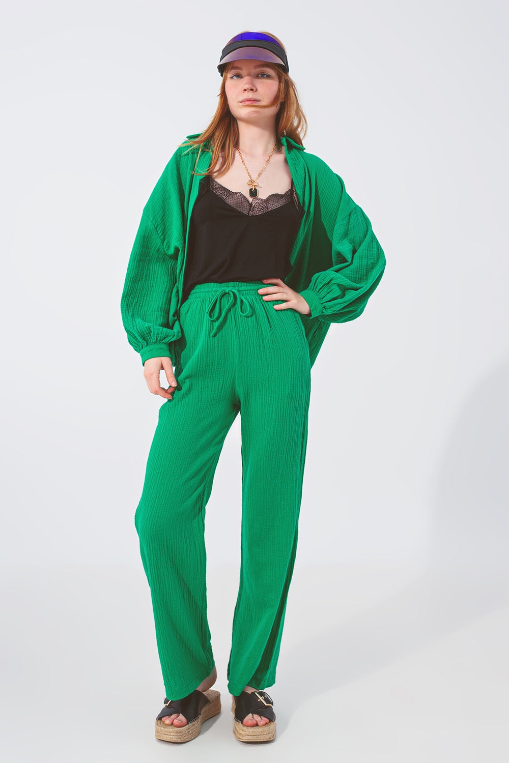 Pantalon Ample Texturé en Vert