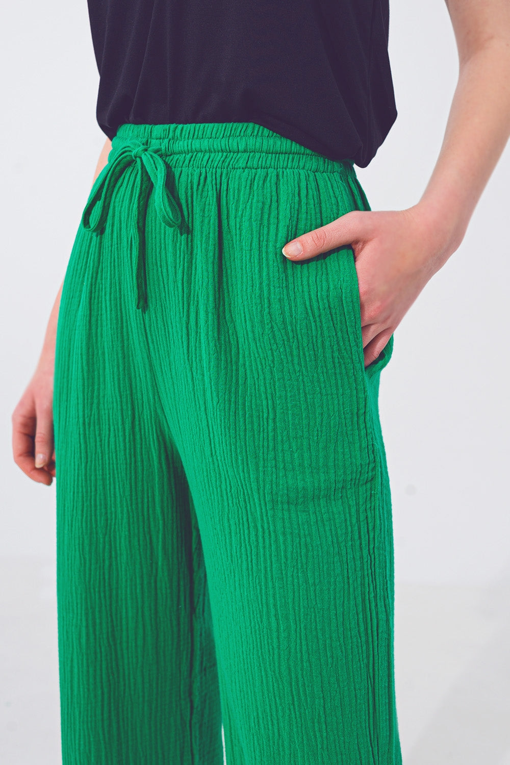 Pantalon Ample Texturé en Vert