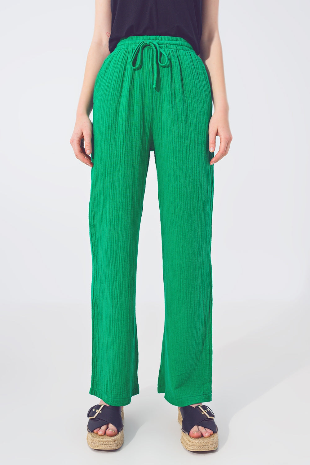 Pantalon Ample Texturé en Vert