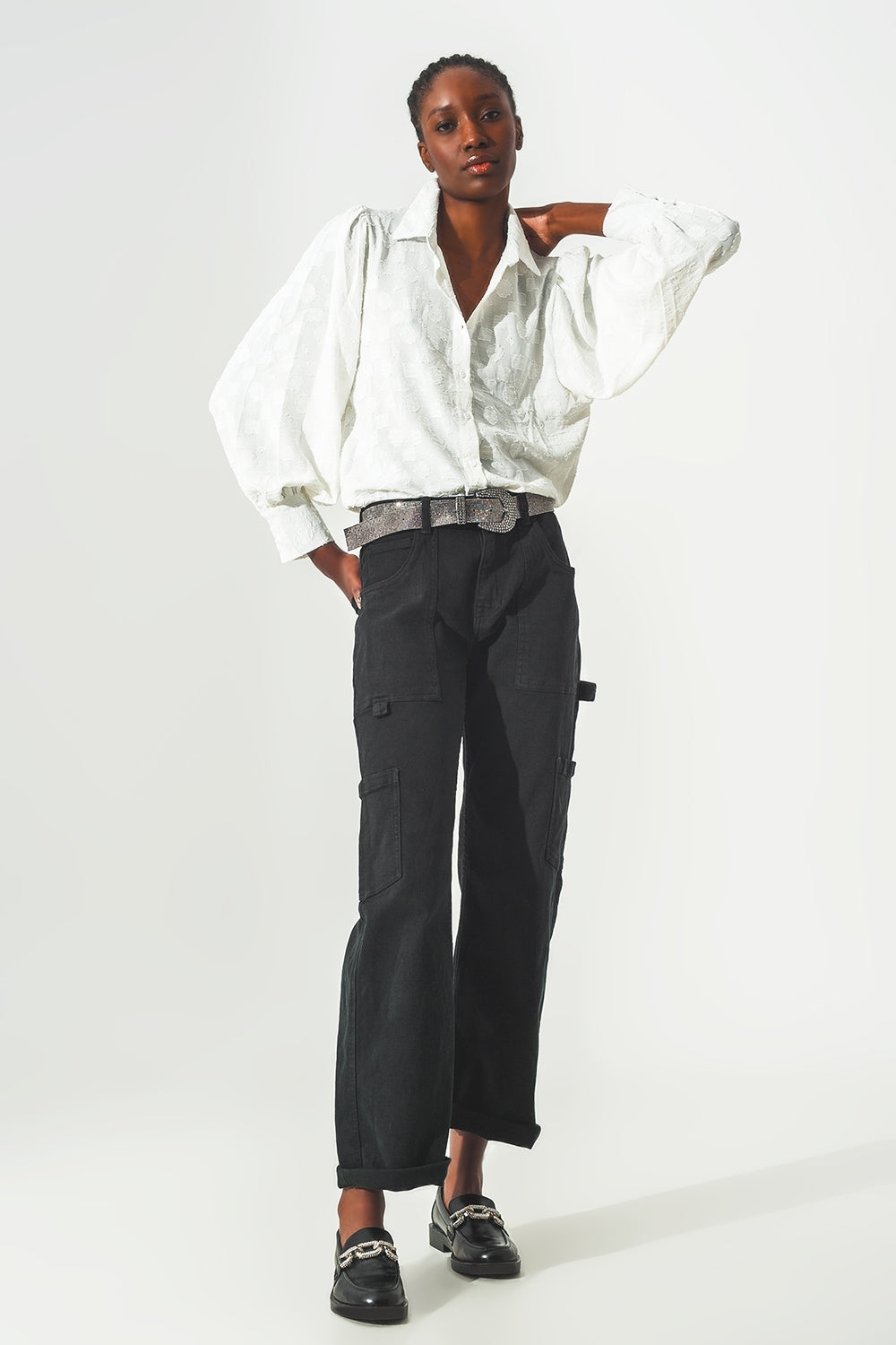 Pantalon Cargo à Jambe Droite en Noir