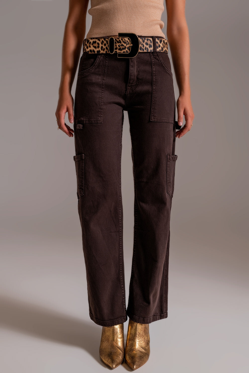 Pantalon cargo à jambes droites en marron