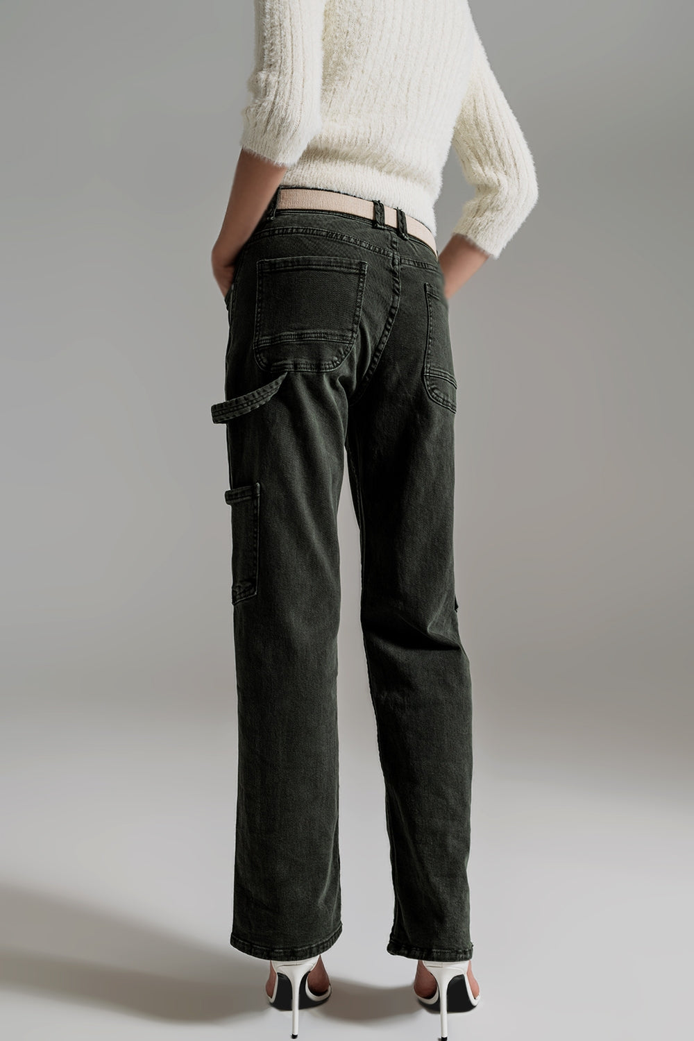 Pantalon cargo à jambes droites en vert foncé