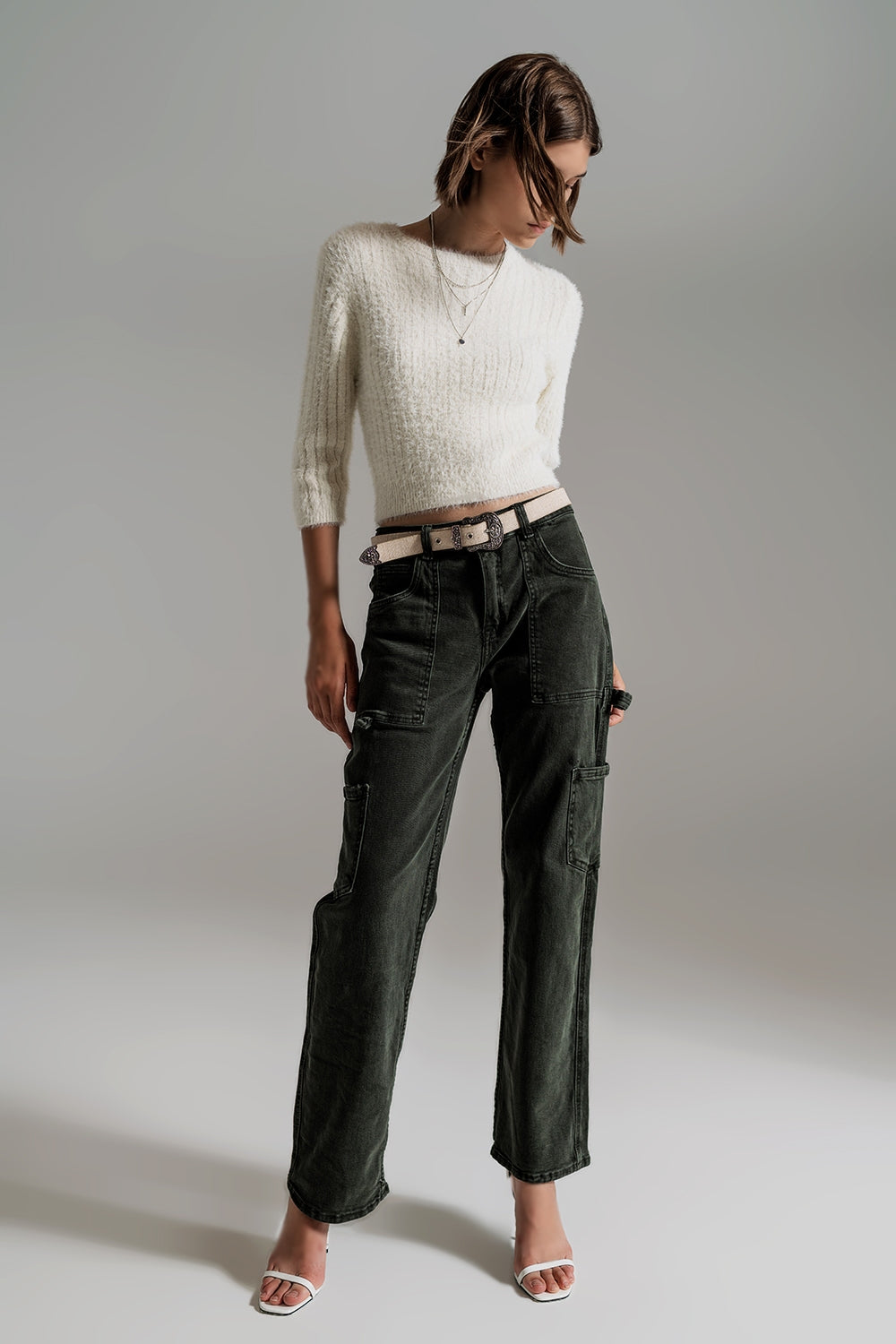Pantalon cargo à jambes droites en vert foncé