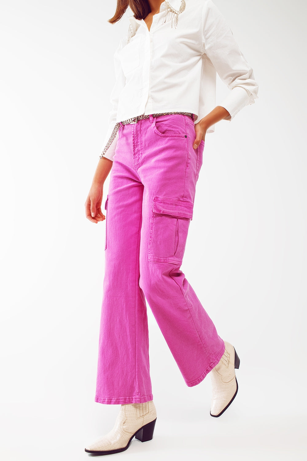 Pantalon cargo droit en fuchsia