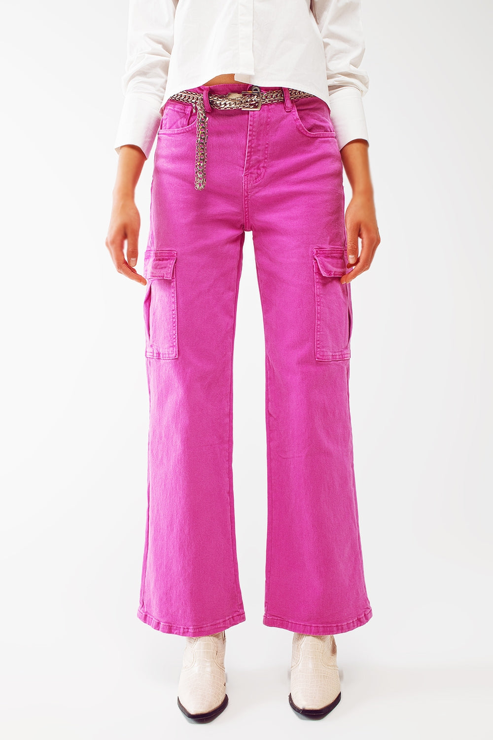 Pantalon cargo droit en fuchsia