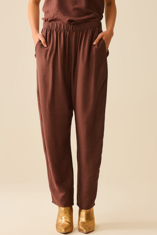 Q2 Pantalon d'été à taille élastique et poches en marron