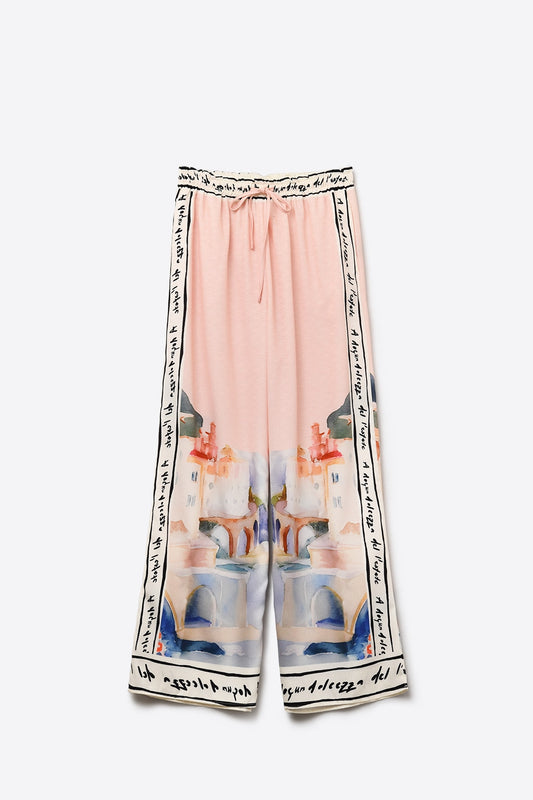 Q2 Pantalon d'été rose imprimé aquarelle