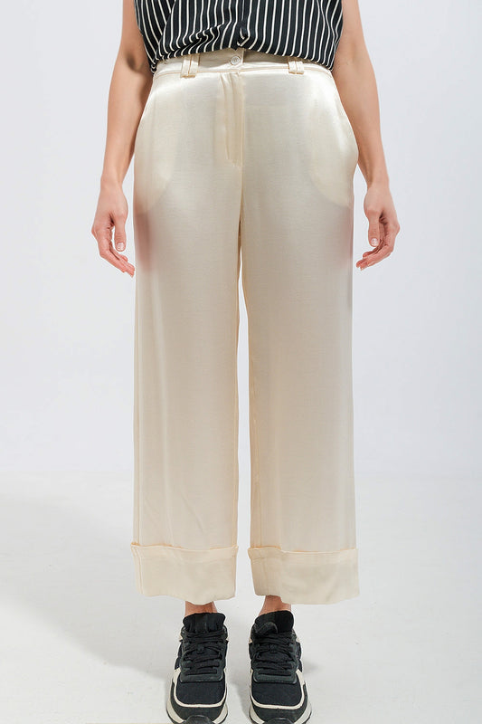 Q2 Pantalon de tailleur large en satin couleur crème