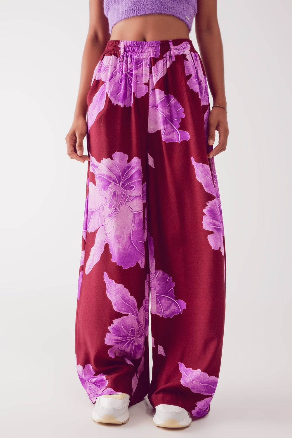 Pantalon droit à imprimé fleuri abstrait fuchsia