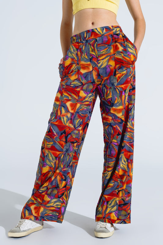 Q2 Pantalon droit à imprimé floral multicouleure en nuances de rouge
