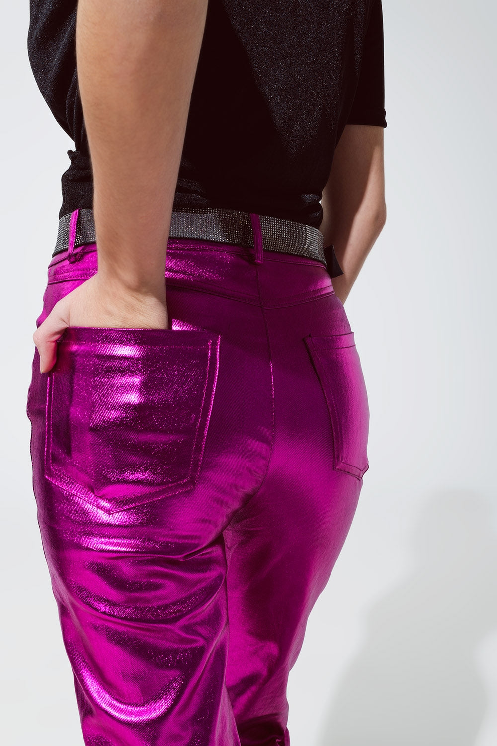 Pantalon droit métallisé Fuchsia