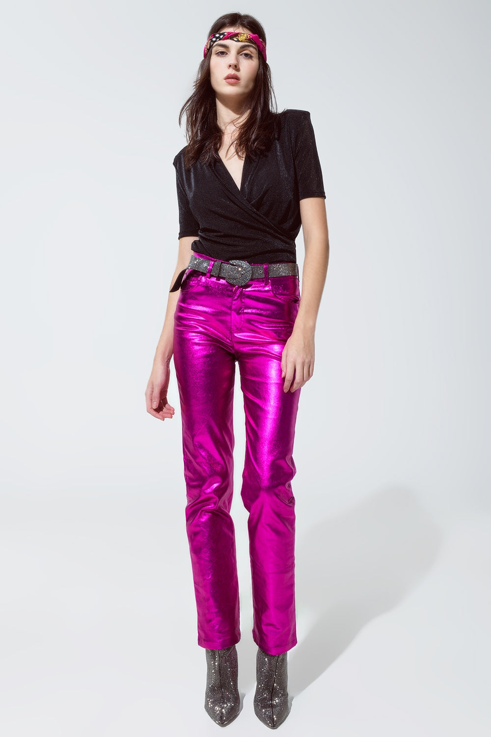 Pantalon droit métallisé Fuchsia