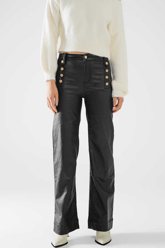 Q2 Pantalon en faux cuir noir avec boutons