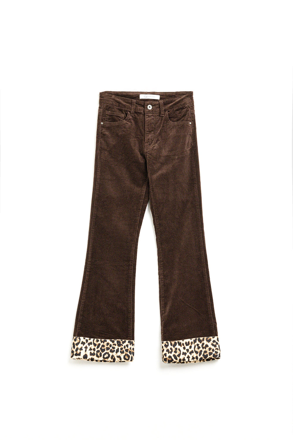 Pantalon évasé en velours côtelé marron avec imprimé léopard sur le bas