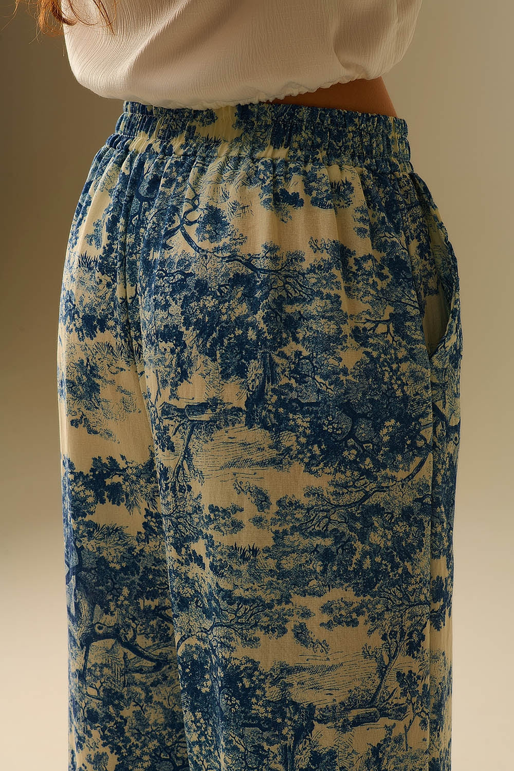 Pantalon fluide imprimé Toile de Jouy avec taille élastique