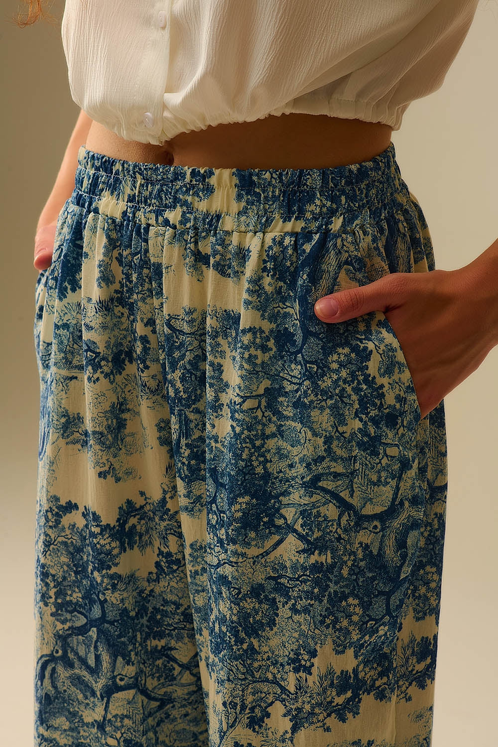 Pantalon fluide imprimé Toile de Jouy avec taille élastique