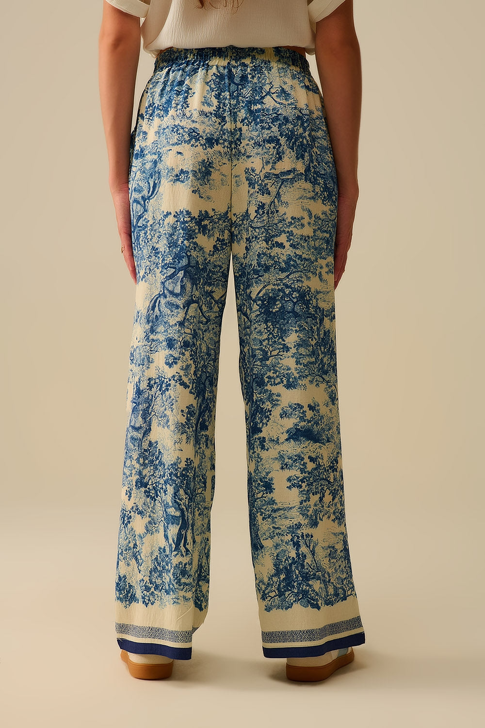 Pantalon fluide imprimé Toile de Jouy avec taille élastique
