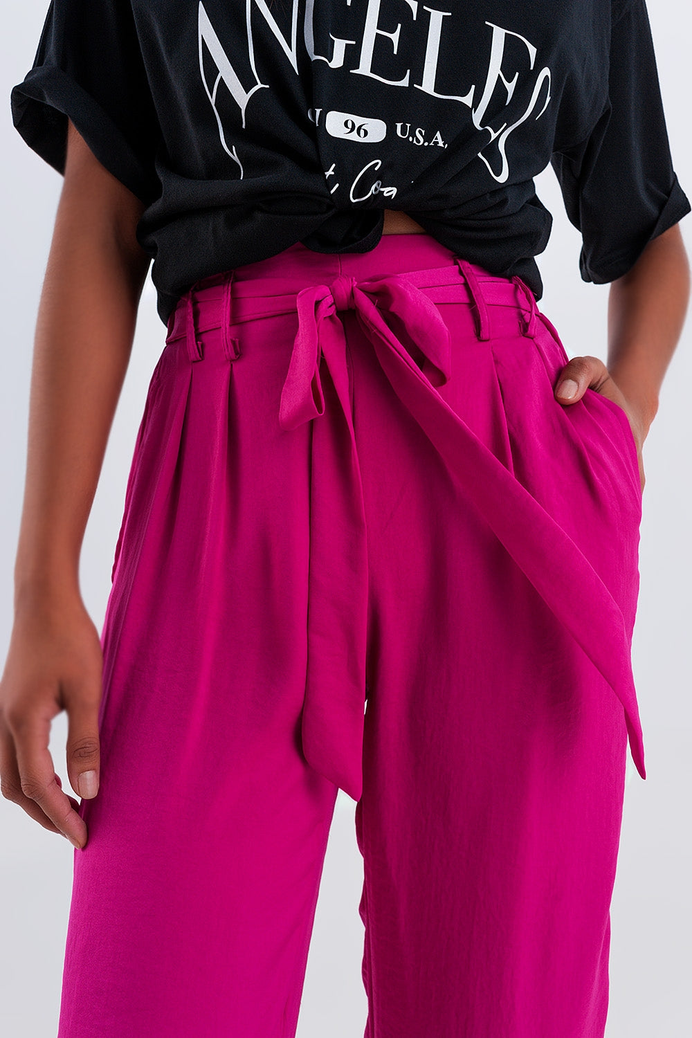 Pantalon large à ceinture fuchsia