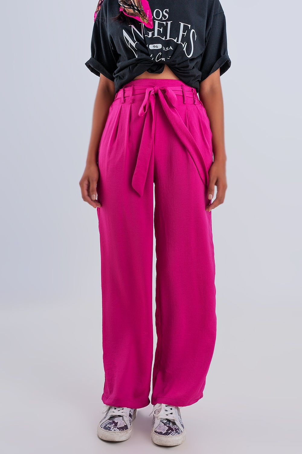 Pantalon large à ceinture fuchsia