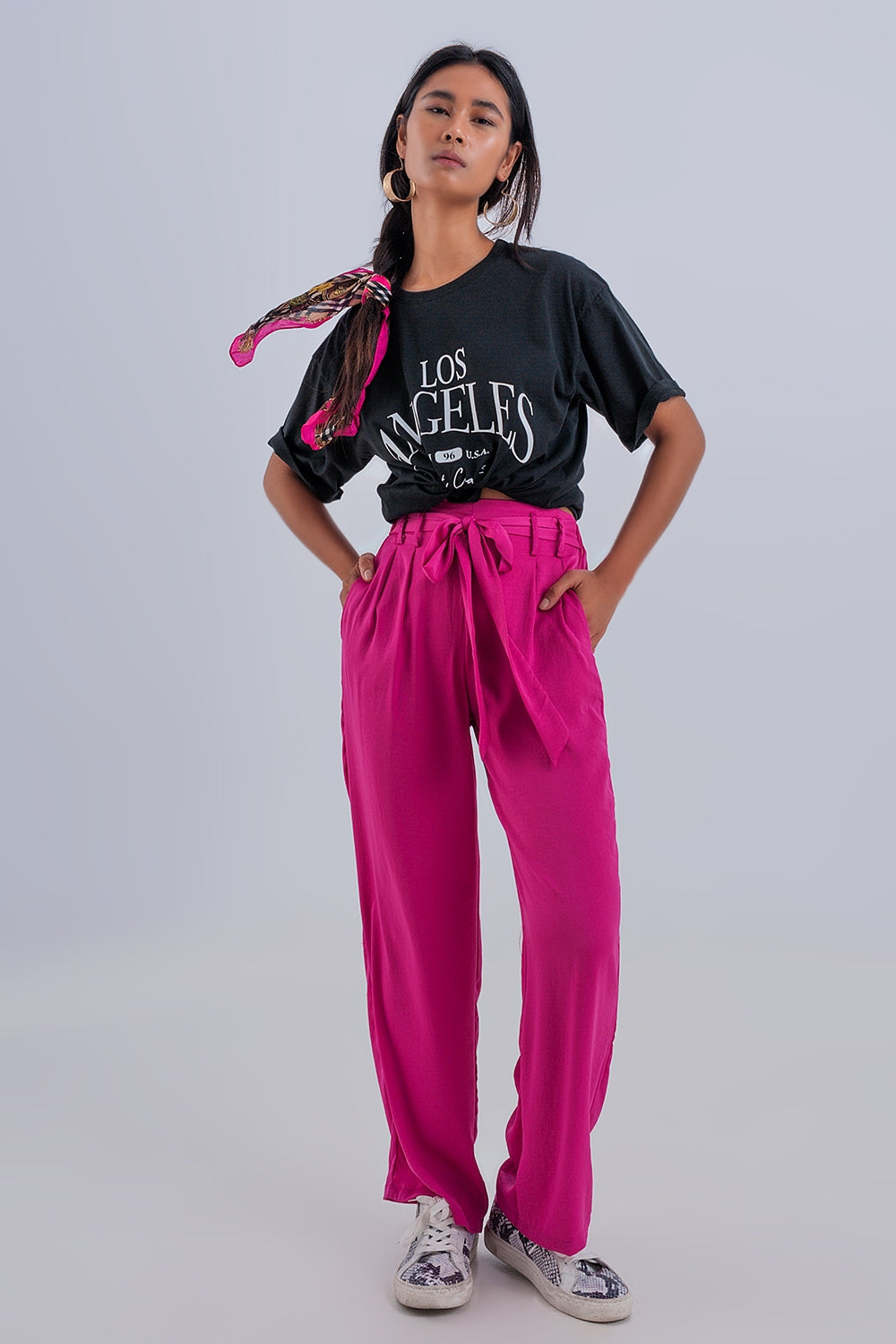 Pantalon large à ceinture fuchsia
