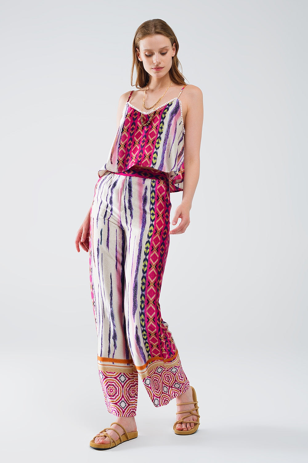 Pantalon large à imprimé abstrait en multicouleure