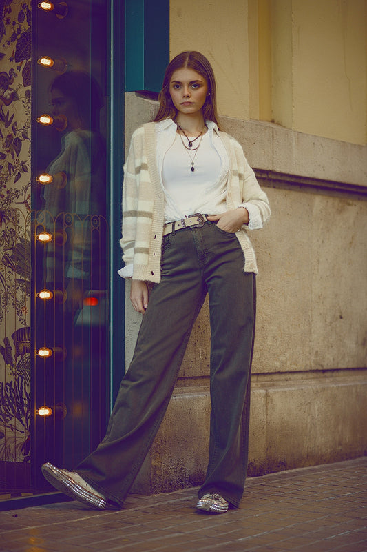 Q2 Pantalon large à taille haute vert militaire