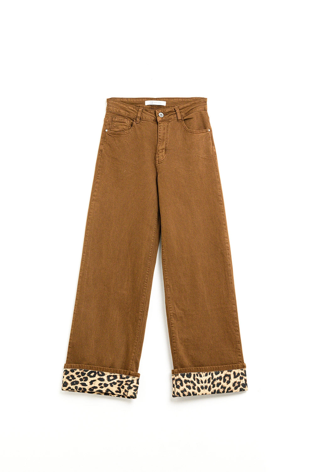 Q2 Pantalon large camel avec imprimé léopard au bas de la jambe