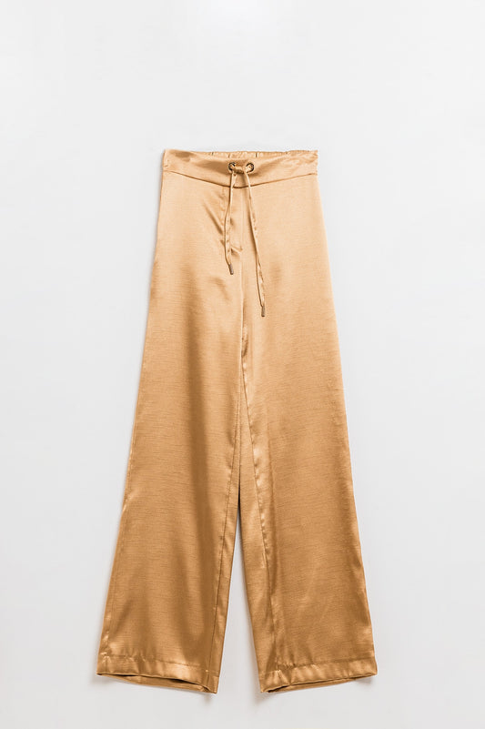 Q2 Pantalon large taille haute en satin beige doré avec cordon de serrage