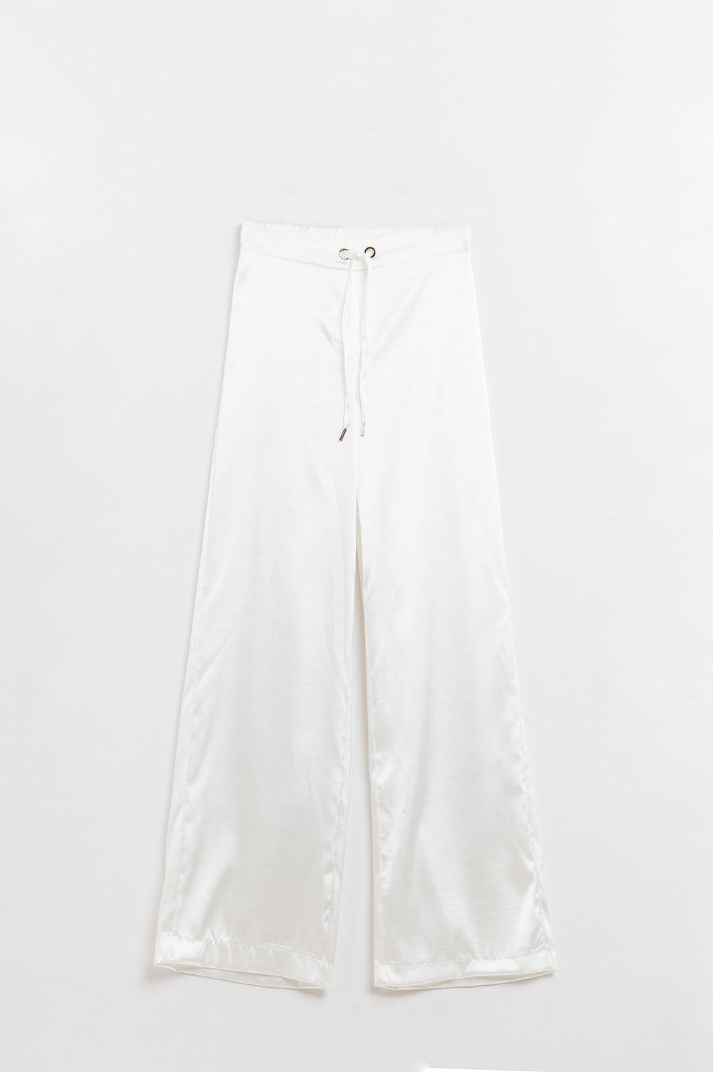 Q2 Pantalon large taille haute en satin blanc avec cordon de serrage