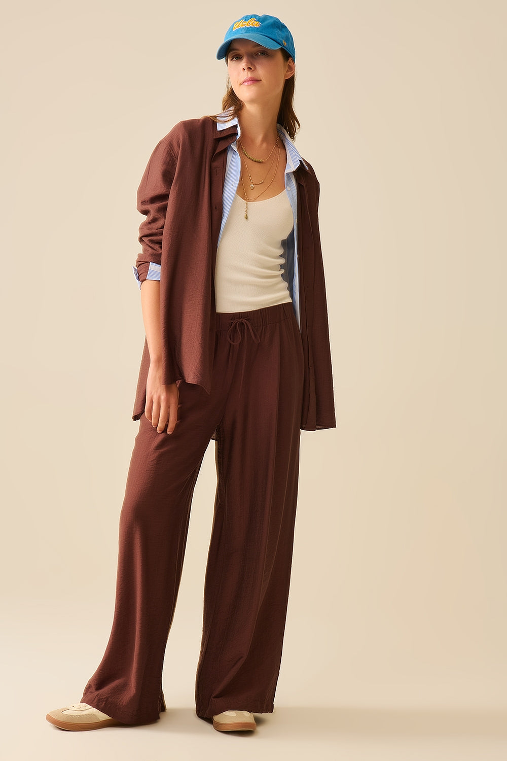 Pantalon marron à jambe large en viscose légère