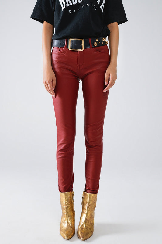 Q2 Pantalon super skinny en simili-cuir Bordeaux