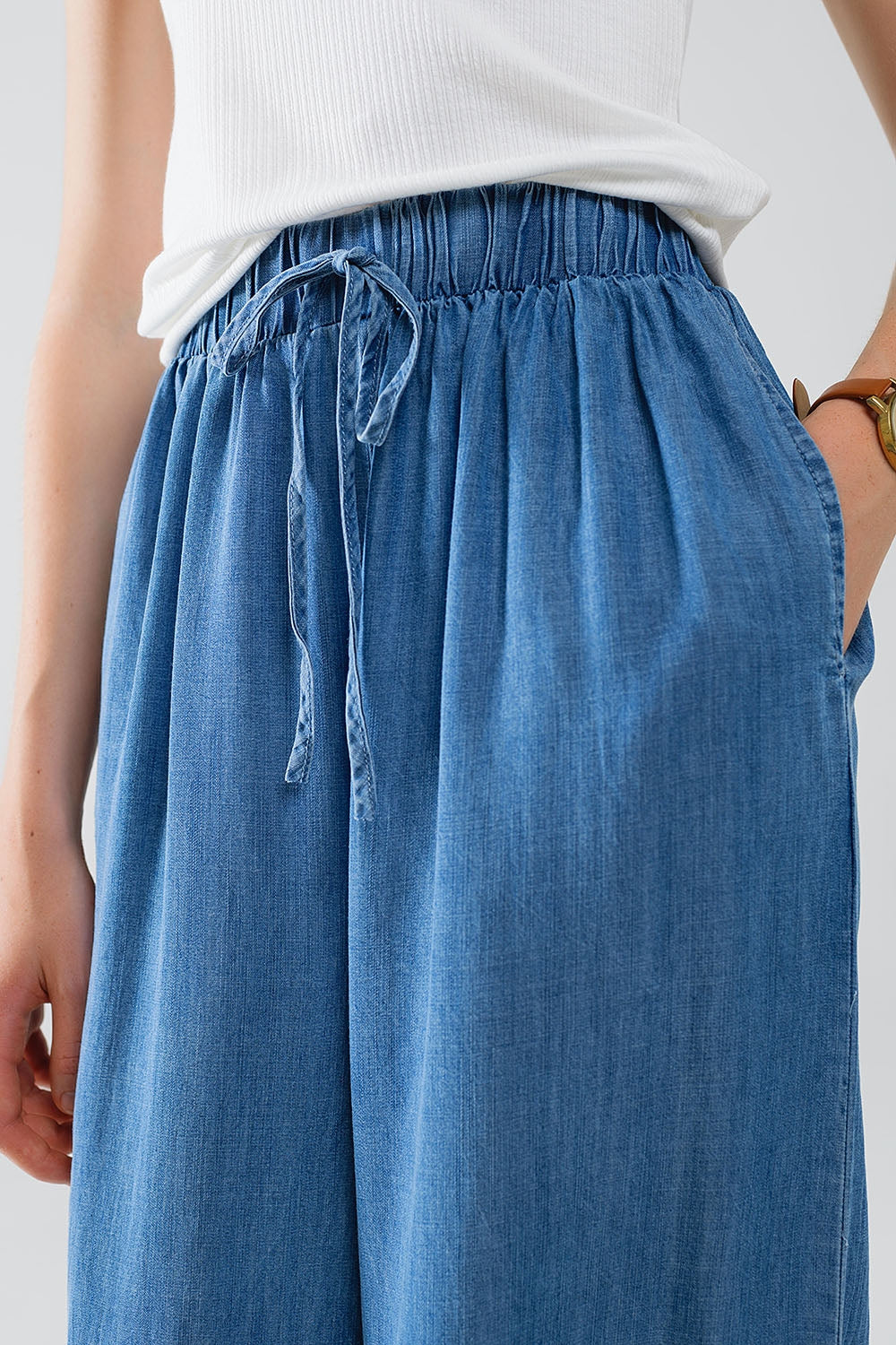 Pantalon tencel fluide à jambes larges en denim bleu
