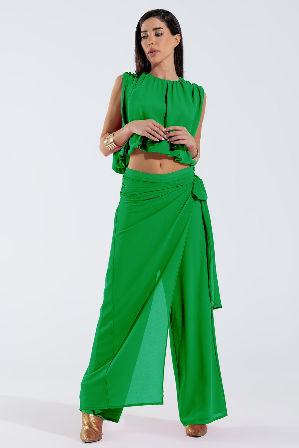 Pantalon vert large Jupe superposée nouée sur le côté