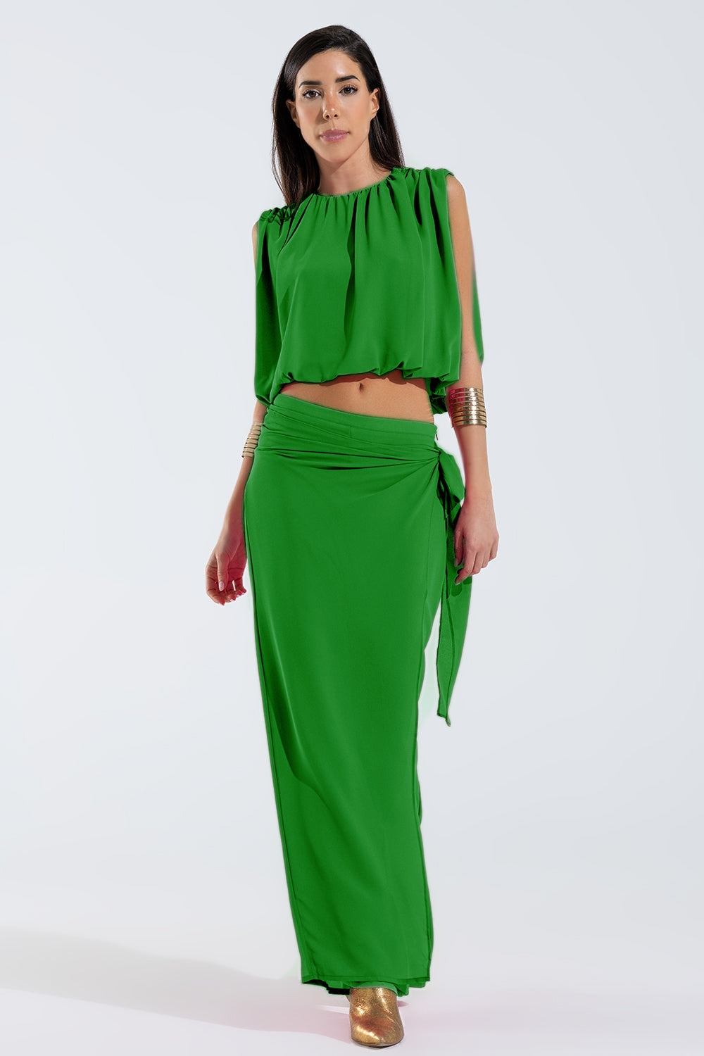 Pantalon vert large Jupe superposée nouée sur le côté