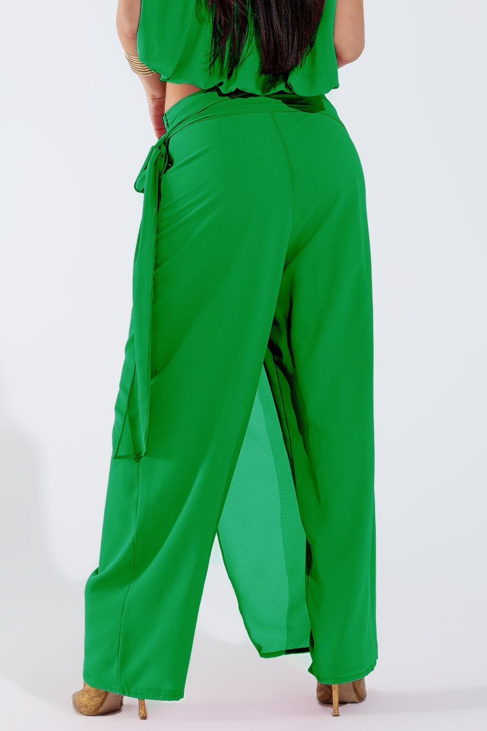 Pantalon vert large Jupe superposée nouée sur le côté