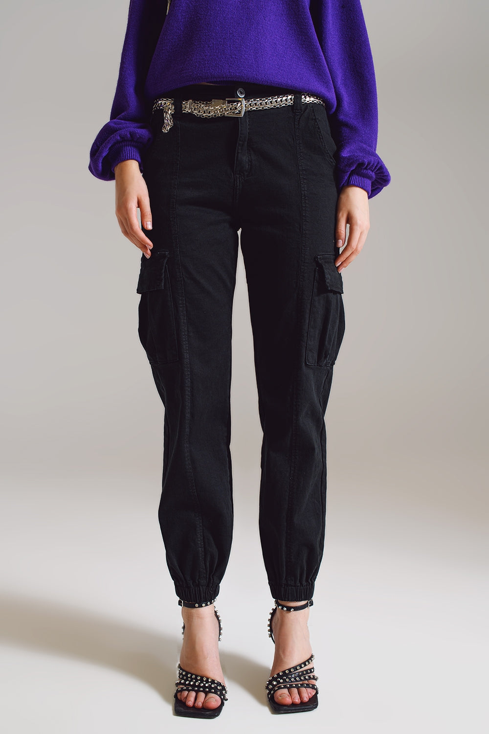 Q2 pantalons cargo noirs avec taille et ourlet élastiques